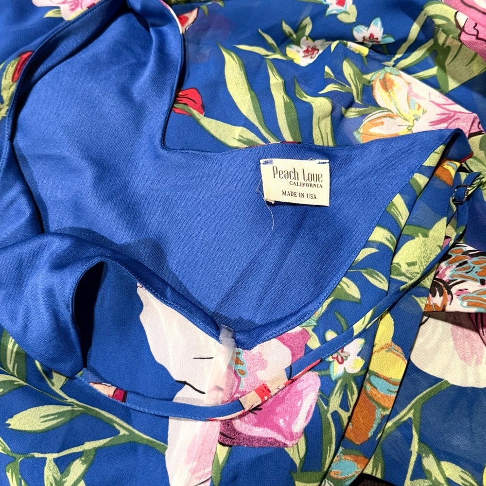 Peach Love California Blue Floral Maxi Dress V-Neck Spaghetti Strap Made in USA - Picture 3 of 3